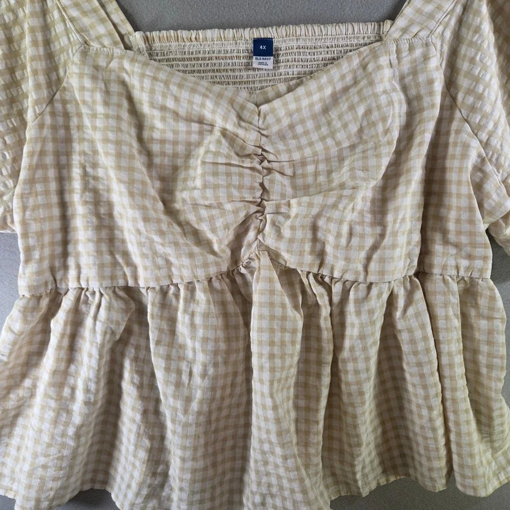 Old Navy Plus Size 4X Tan Gingham Puff Sleeve Babydoll Peplum Top Cottagecore
